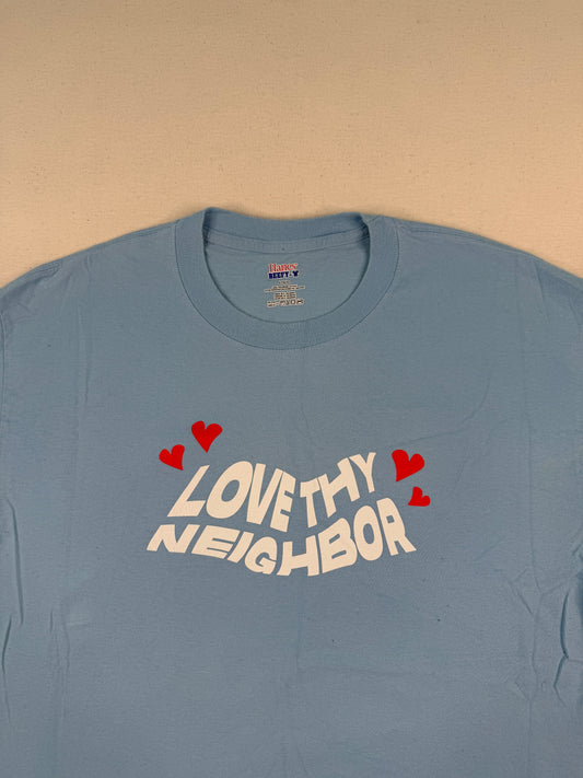 Love Thy Neighbor Graphic Tee – Baby Blue Vintage Style