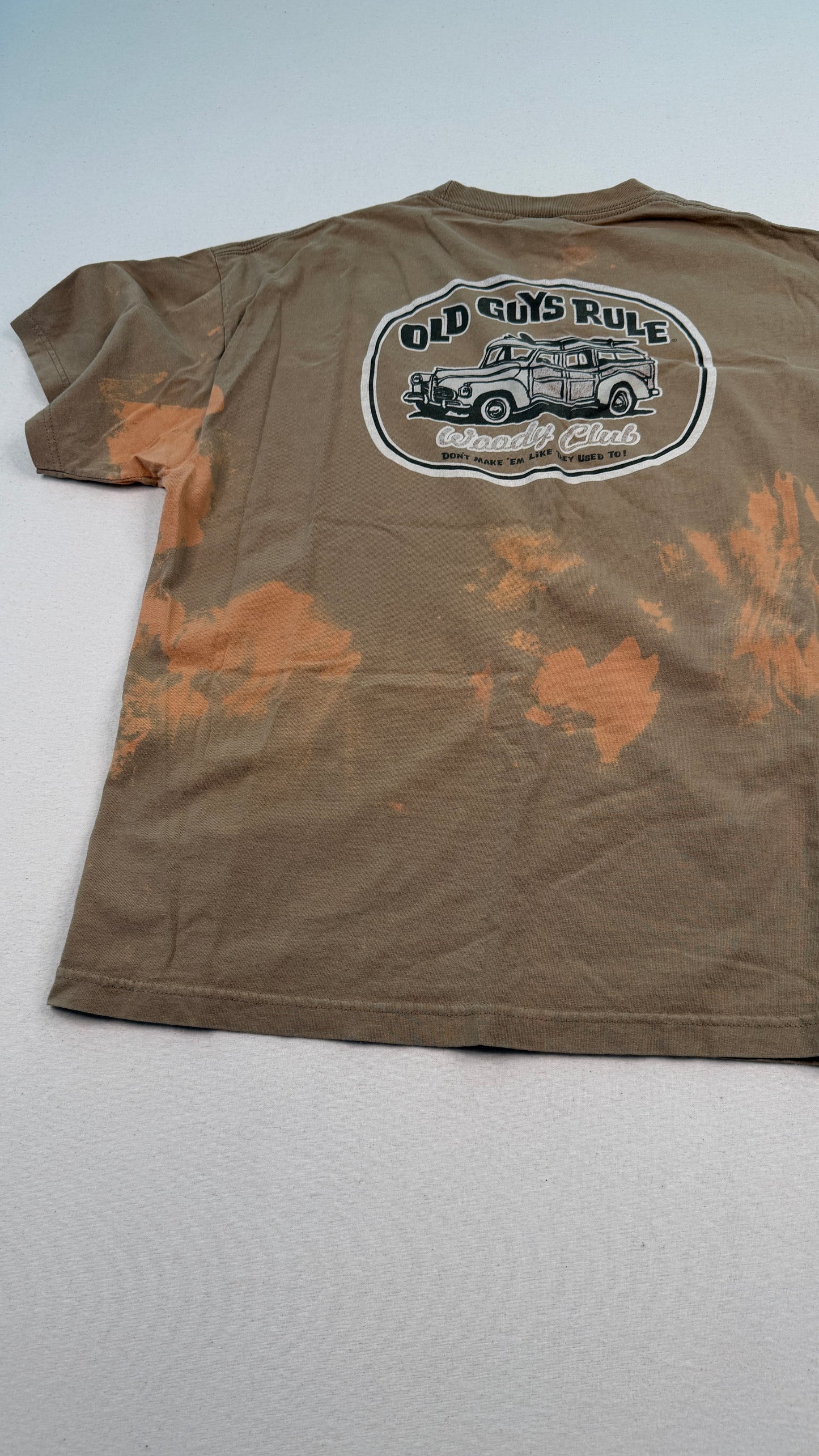 Old Guys Rule Bleach Dyed Brown Graphic T-Shirt XL | Vintage-Inspired Y2K Streetwear Cotton Tee