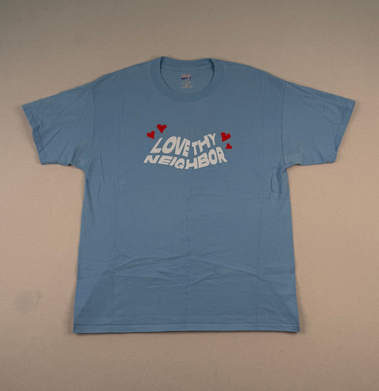 Love Thy Neighbor Graphic Tee – Baby Blue Vintage Style