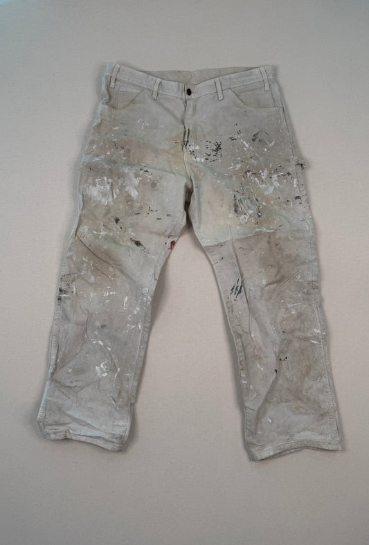 Vintage Paint Splatter Carpenter Jeans – White Distressed Workwear Denim (Size 36)