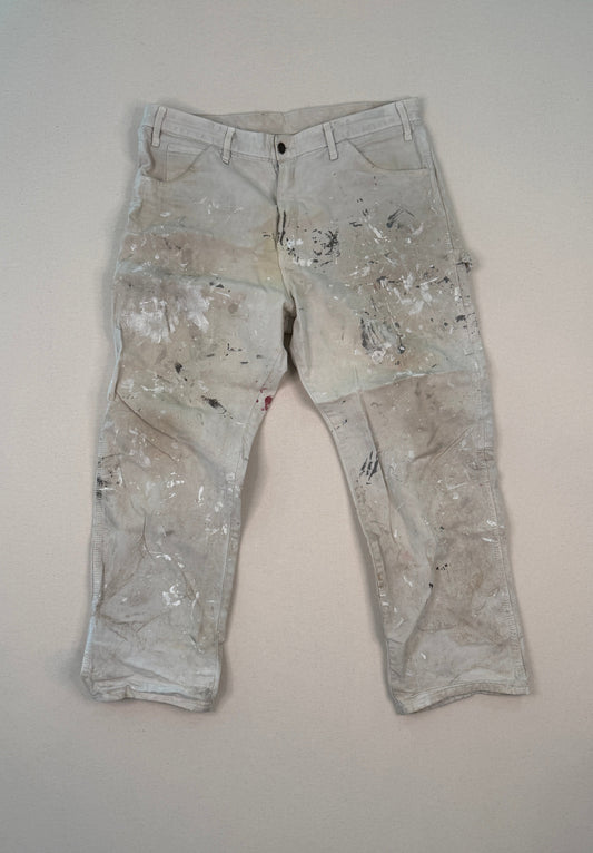 Vintage Paint Splatter Carpenter Jeans – White Distressed Workwear Denim (Size 36)