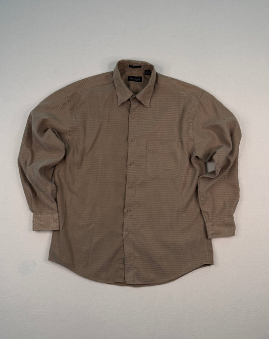 Vintage Van Heusen Textured Tan Button-Up Shirt | Men’s Medium 15–15½ | Minimal Long Sleeve Classic