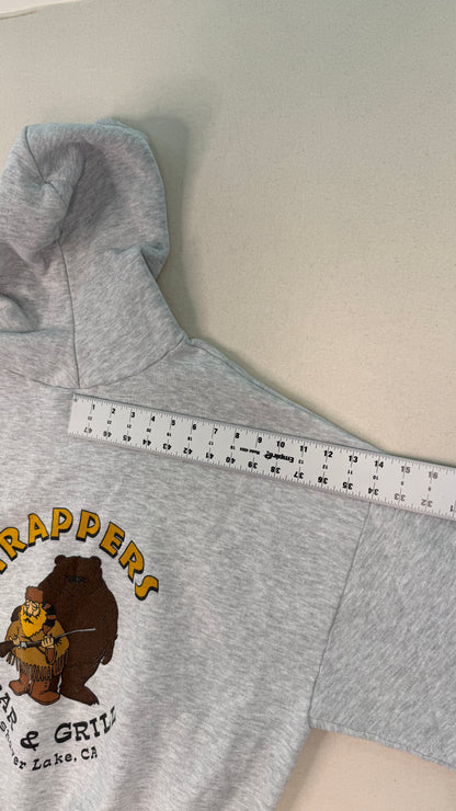 Vintage Trapper’s Bar & Grill Graphic Hoodie – Gray 2XL Y2K Streetwear Pullover