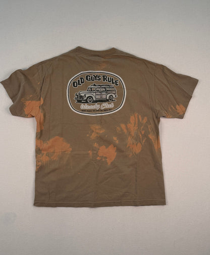 Old Guys Rule Bleach Dyed Brown Graphic T-Shirt XL | Vintage-Inspired Y2K Streetwear Cotton Tee