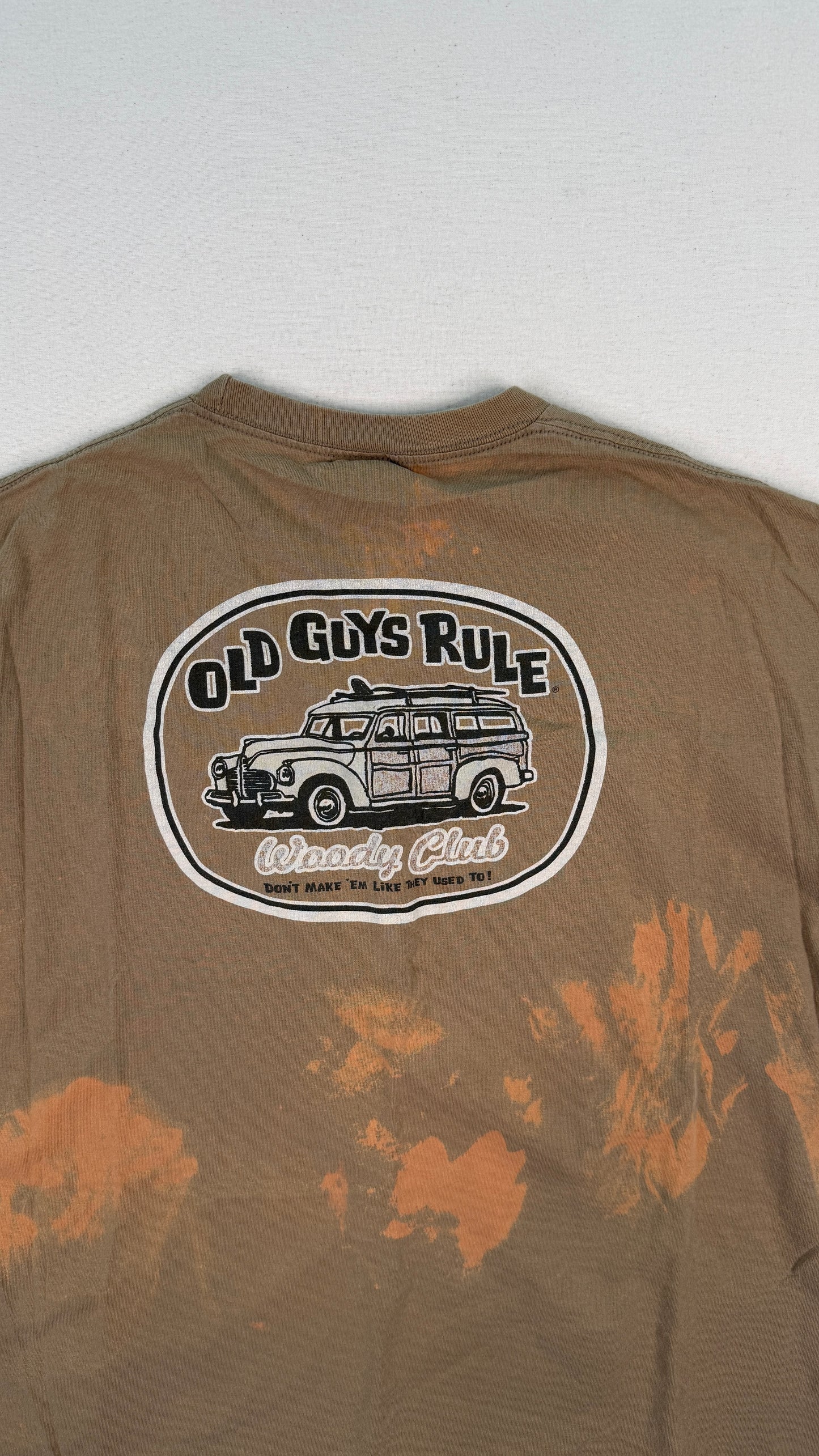 Old Guys Rule Bleach Dyed Brown Graphic T-Shirt XL | Vintage-Inspired Y2K Streetwear Cotton Tee