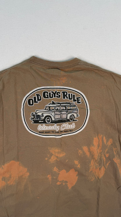 Old Guys Rule Bleach Dyed Brown Graphic T-Shirt XL | Vintage-Inspired Y2K Streetwear Cotton Tee