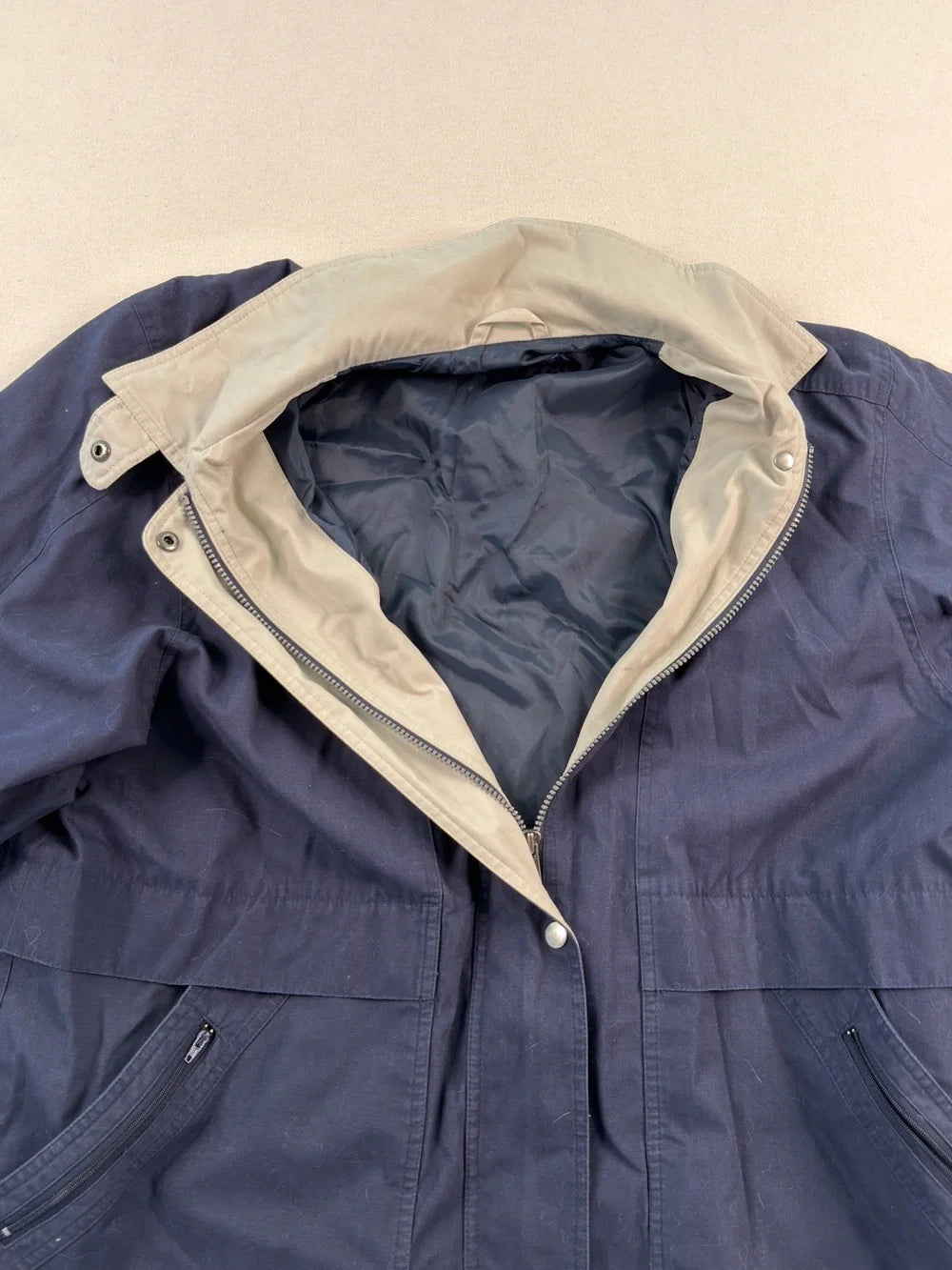 Vintage London Fog Navy Lightweight Jacket XL | Beige Collar Minimal Classic Zip Coat