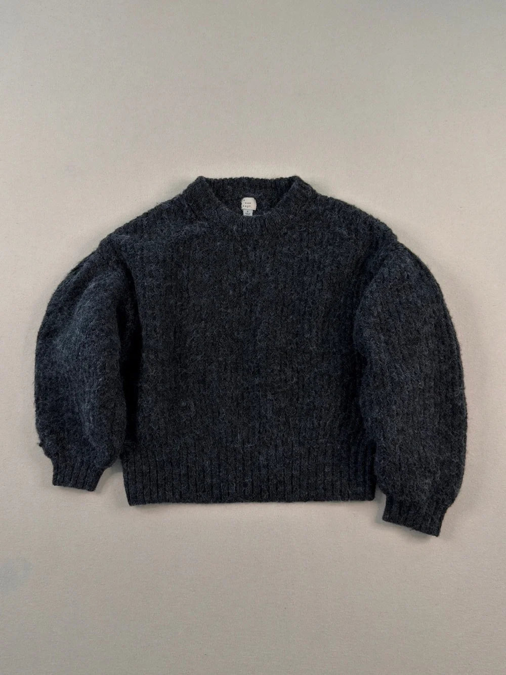A New Day Charcoal Fuzzy Cropped Sweater – Soft Balloon Sleeve Knit Pullover