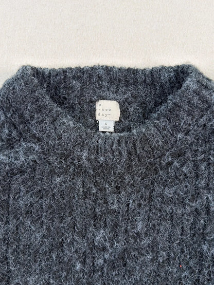A New Day Charcoal Fuzzy Cropped Sweater – Soft Balloon Sleeve Knit Pullover