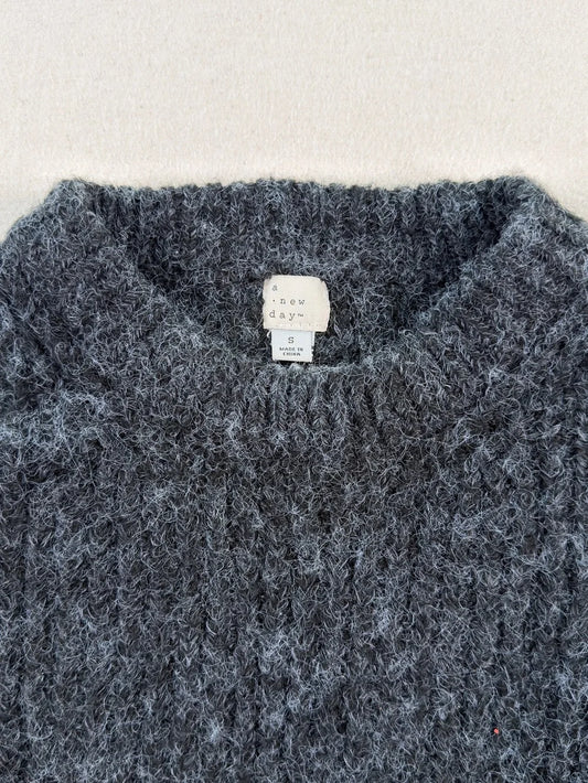 A New Day Charcoal Fuzzy Cropped Sweater – Soft Balloon Sleeve Knit Pullover