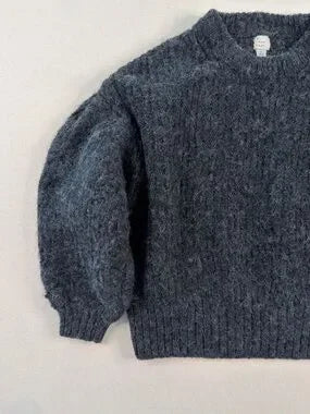 A New Day Charcoal Fuzzy Cropped Sweater – Soft Balloon Sleeve Knit Pullover